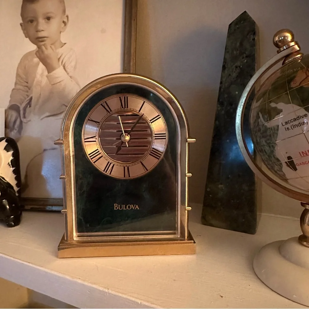 Vintage Bulova Marbled Emerald Green & Gold Arch Desk Clock - 5” Tall, Alarm